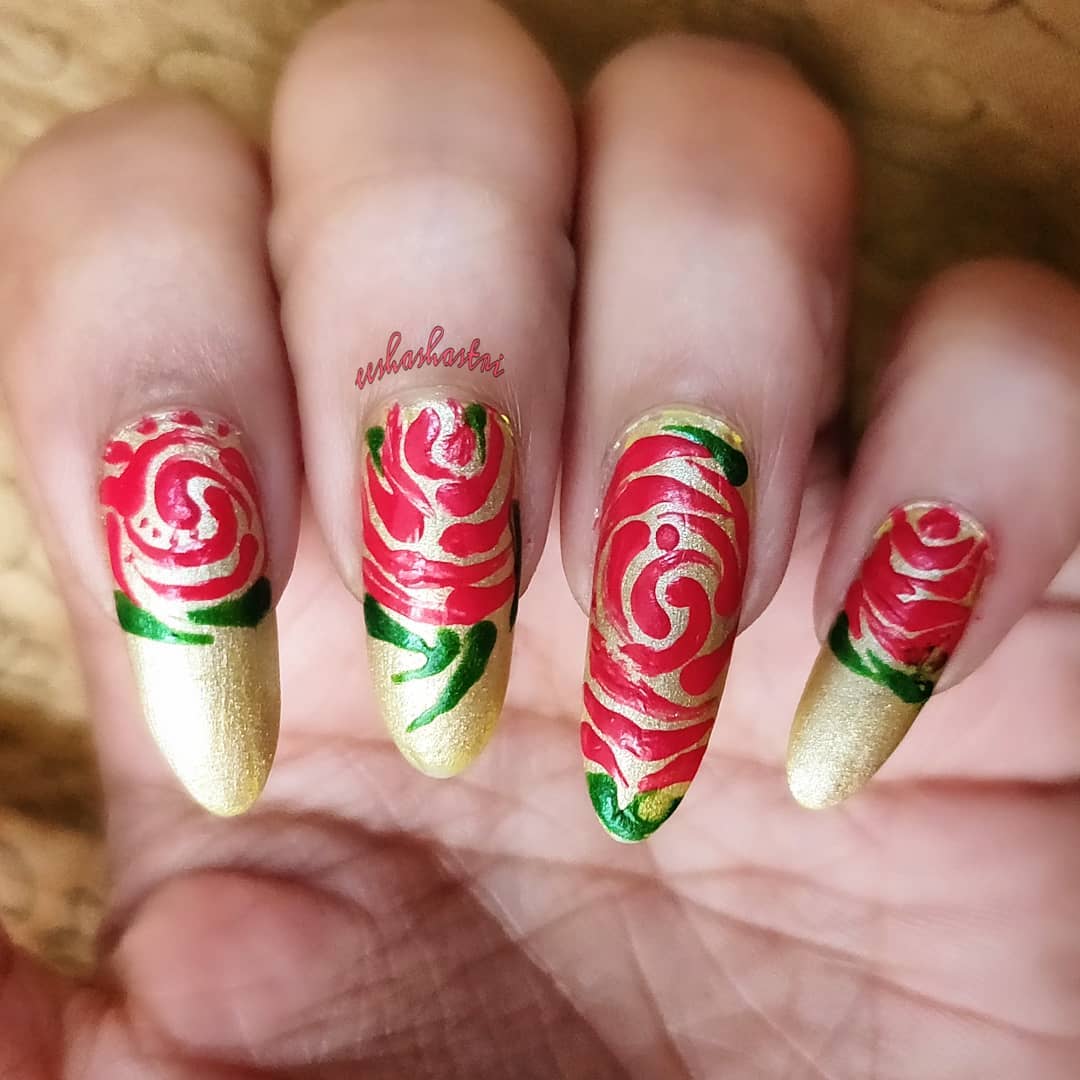 Red Floral Design with Golden Tips for Long Nails