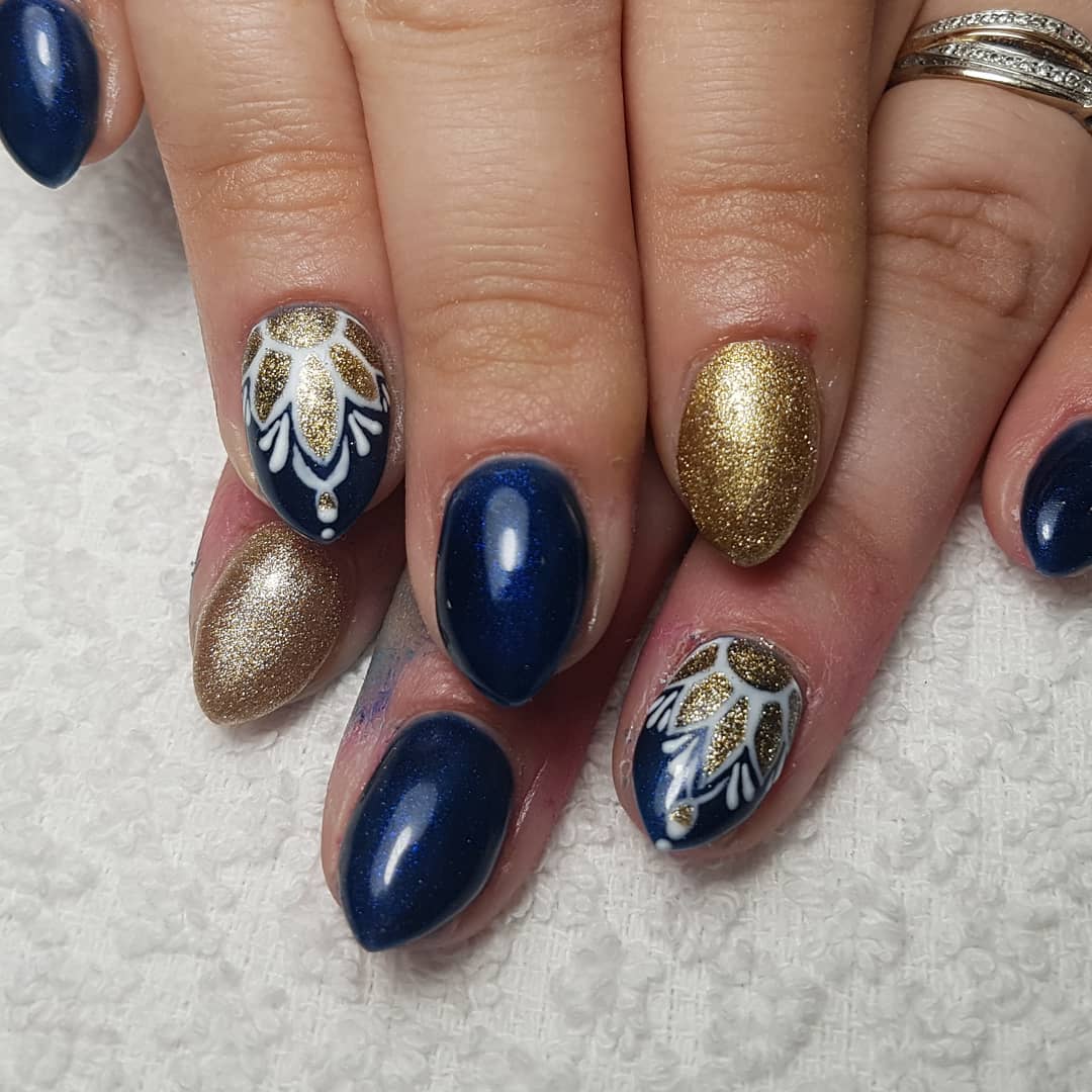 Royal Blue and Golden Nails for Almond Shaped Nail