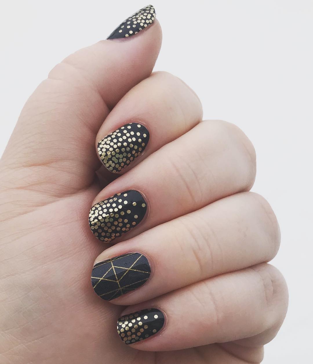 Small Black Nails with Golden Polka Dots