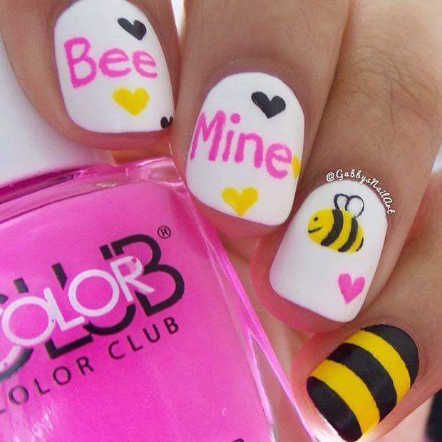 Bee Mine Valentine White and Pink Nail Art for Short Square Nails