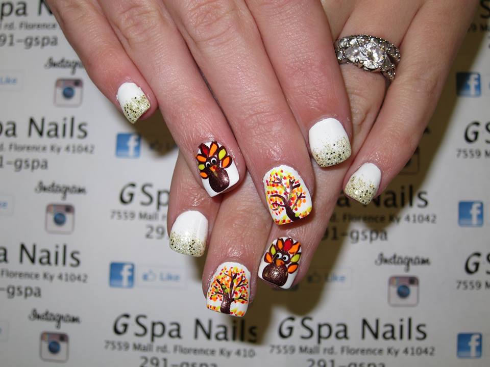 Cute Cartoon Turkey On White and Glitter Thanksgiving Holiday Nails For Short Square Shapes