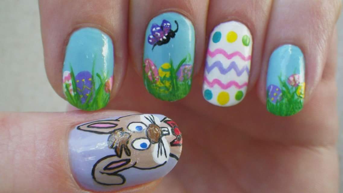 Funny Bunny Easter Holidays Oval Nail Art In Blue White Mauve Colors