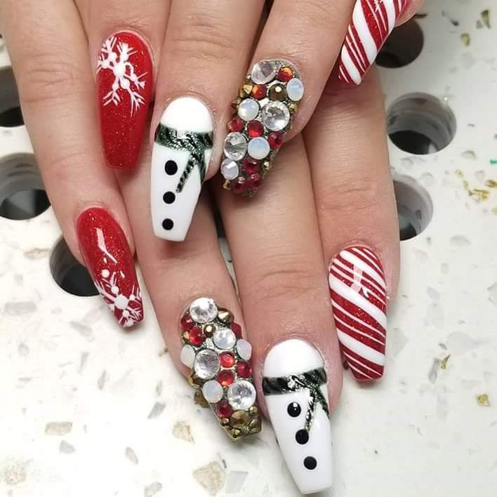 Gorgeous Crystals, Santa Scarf and Snowflakes Christmas Holiday Nails in Red and White