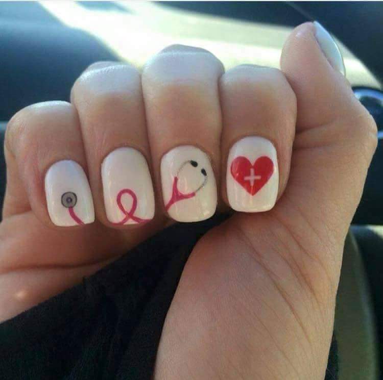 Hearty White and Red Short Oval Nails for Medical Staff
