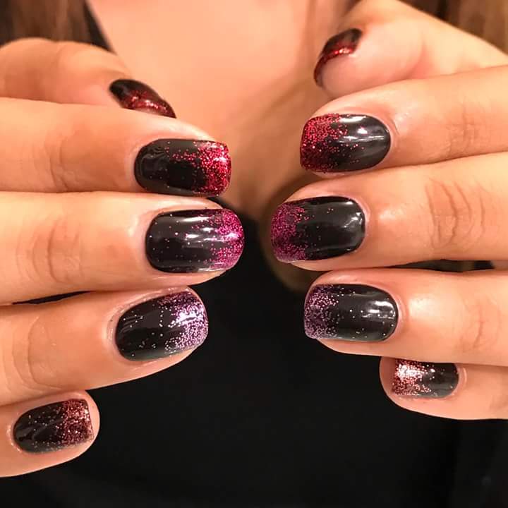 Magenta Glitter On Black Polish New Year Holiday Manicure For Short Square Oval Nails