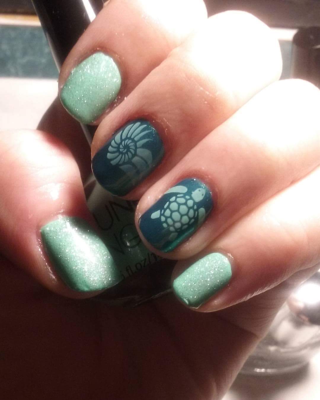 Sea Green Turtle and Shell Beach Vacation Nail Art For Short Square-Oval Nails