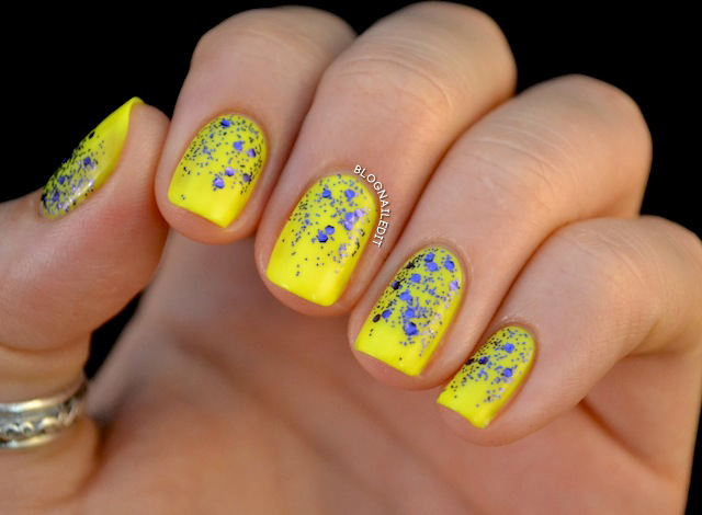 Bright yellow with blue glitter nail beds