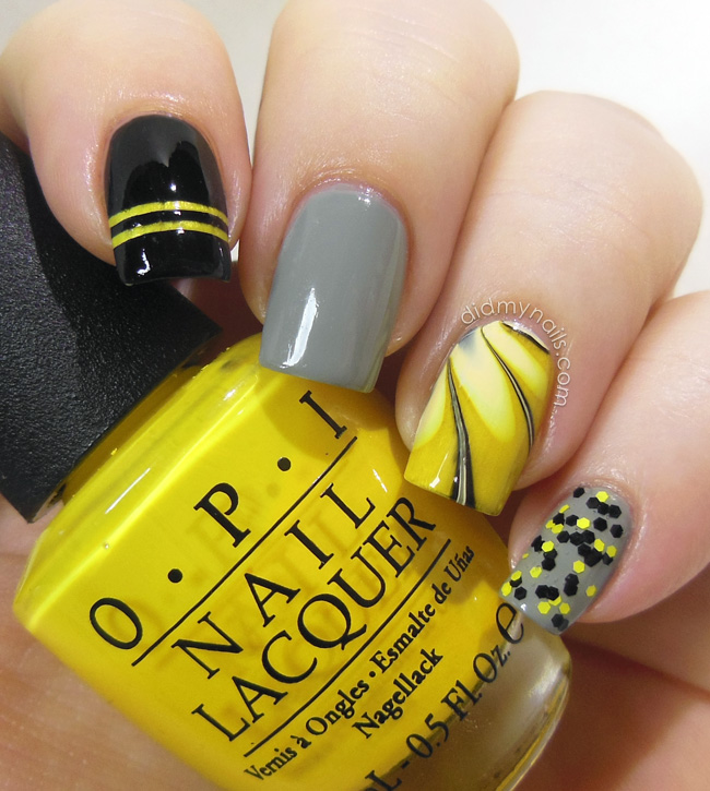Yellow stripes, marble, and dots