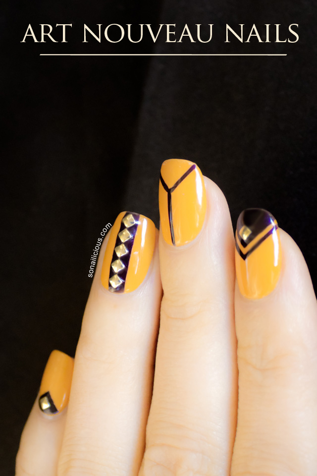 Yellow and black art nouveau nails