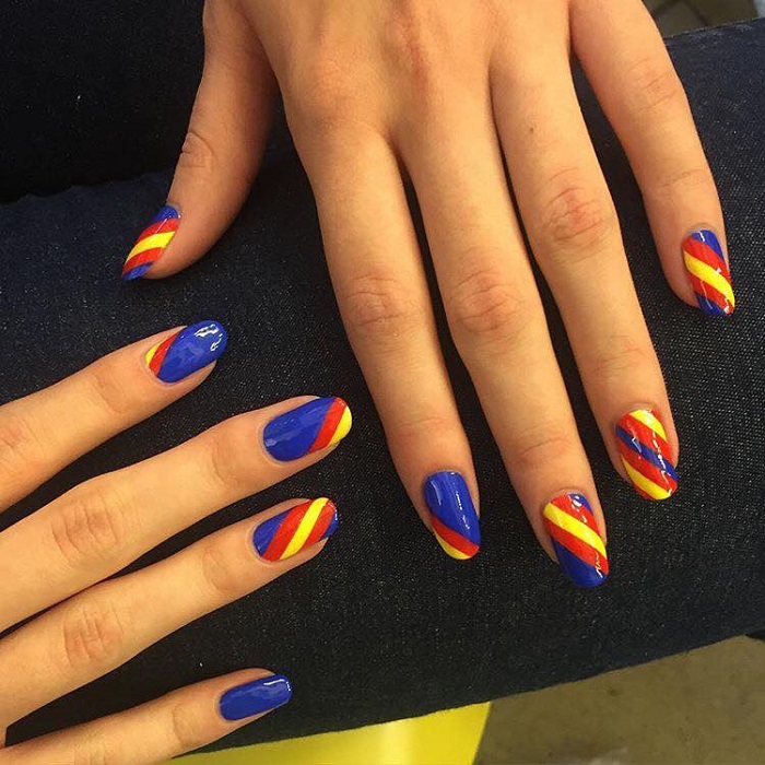 Cute Summer Nail Art to Swoon Over blue red yellow stripes