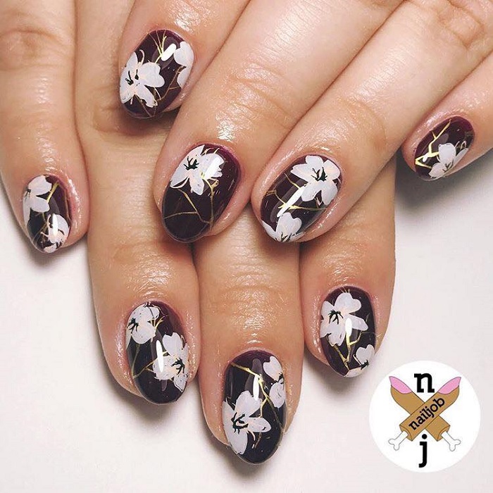 Gorgeous Floral Nail Art to Get You Hyped for Spring burgundy nails white flowers