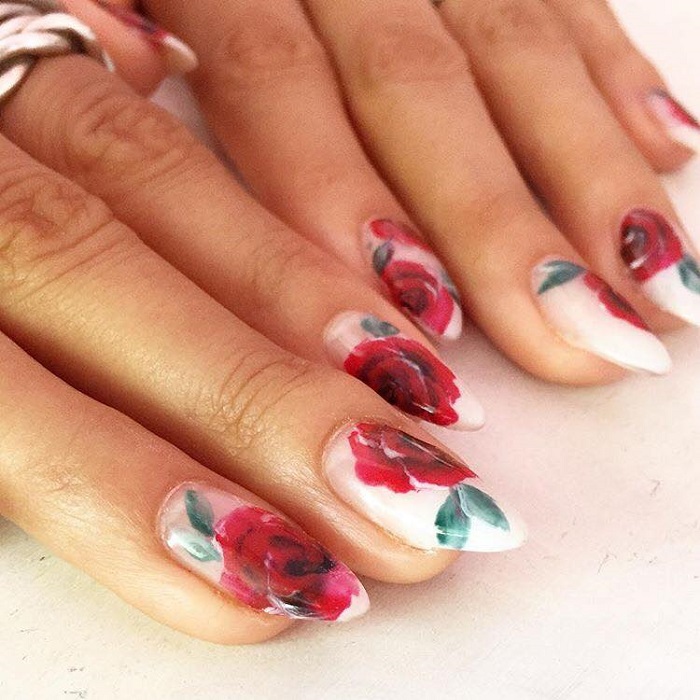 Gorgeous Floral Nail Art to Get You Hyped for Spring white nails roses