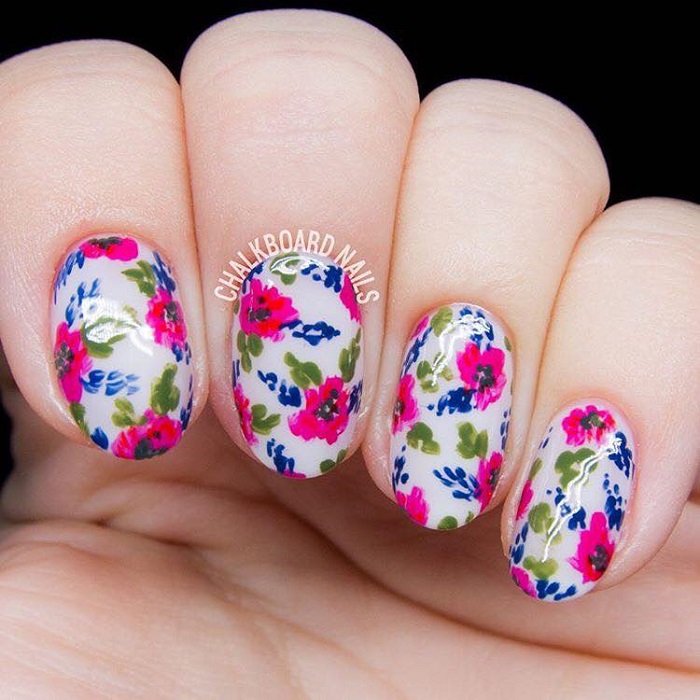 Gorgeous Floral Nail Art to Get You Hyped for Spring white nails magenta flowers