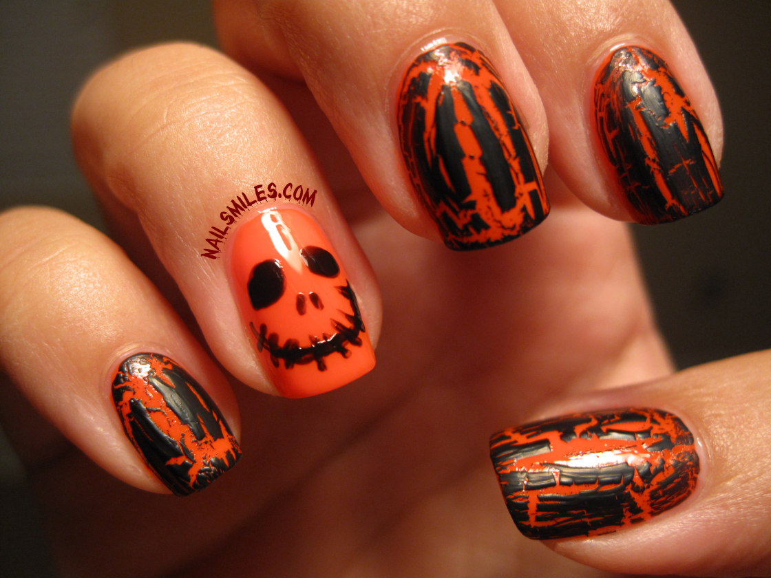 Black orange crackle manicure