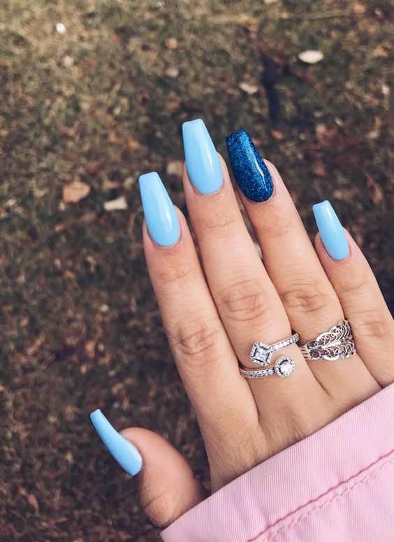 Light blue coffin acrylic nails