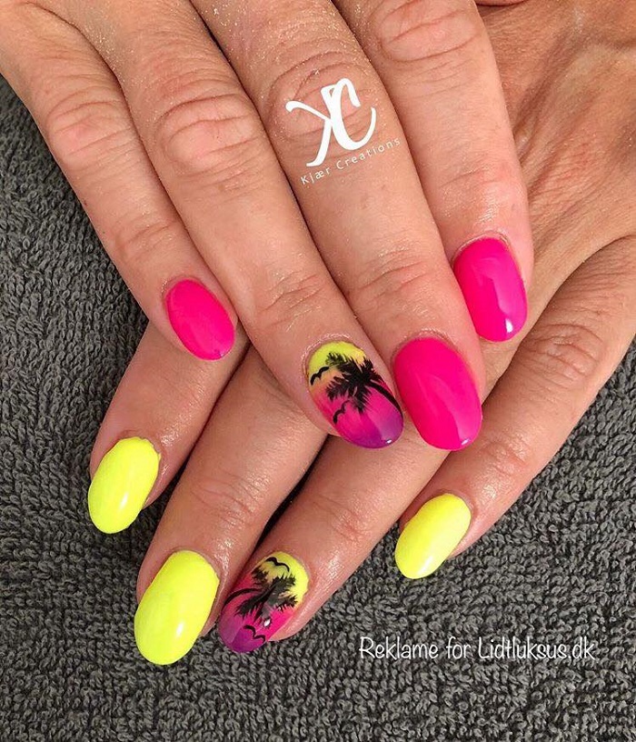 Neon-Nail-Designs-To-Finish-Off-Summer-With-Style yellow pink palm neon