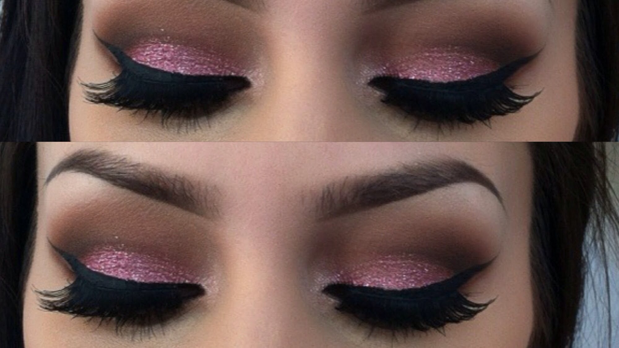 Pink glitter lid with a neutral crease