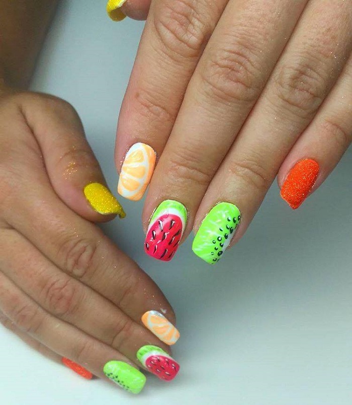 The Fruit-Themed Manicure is the Ultimate Summer Nail Trend neon fruit nails