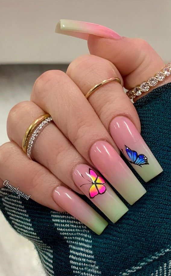 ombre nude nails , butterfly nails, acrylic nails, acrylic nails designs, images of acrylic nails designs, cute acrylic nails designs, acrylic nail designs gallery , acrylic nail designs for summer, acrylic nail designs 2020