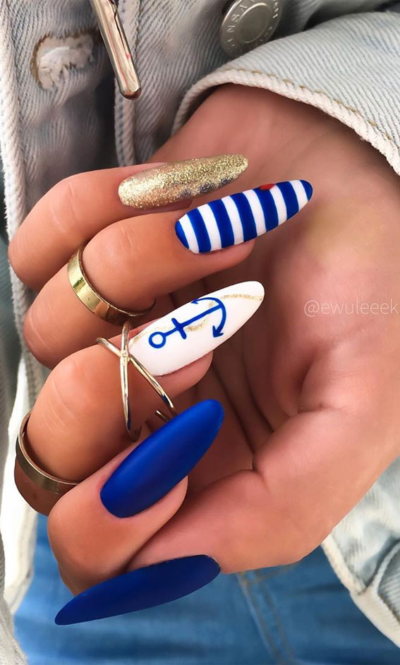 beach nails, blue and white striped nails, anchor nails , nail art